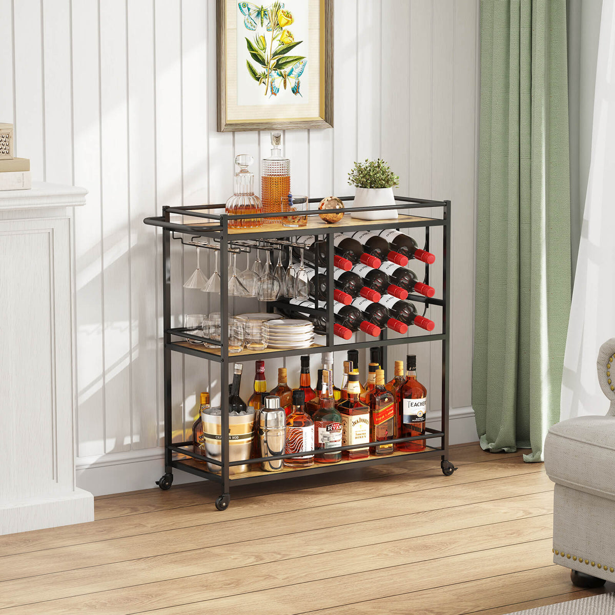 Lifewit 3 Tier Bar Cart with Wine Rack Mini Bar Wine Beverage Serving Cart