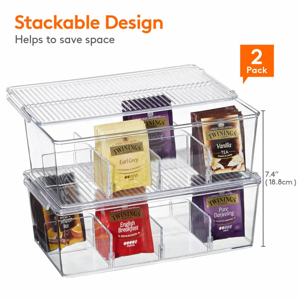 Plastic Tea Bag Organizer Bins Box, Tea Storage Container for Kitchen