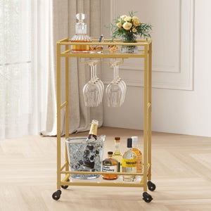 Lifewit Gold Home Service Bar Cart with 2-Tier Glass Shelf Liquor Cart