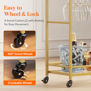 Lifewit Gold Home Service Bar Cart with 2-Tier Glass Shelf Liquor Cart