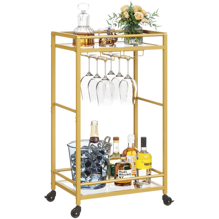 Lifewit Gold Home Service Bar Cart with 2-Tier Glass Shelf Liquor Cart