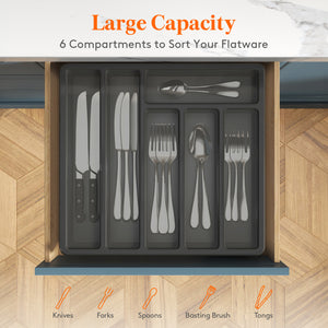Lifewit Silverware Organizer with Lid for Kitchen Drawer Cutlery Tray, 6 Compartments, Black