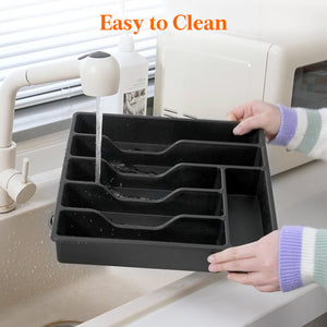 Lifewit Silverware Organizer with Lid for Kitchen Drawer Cutlery Tray, 6 Compartments, Black