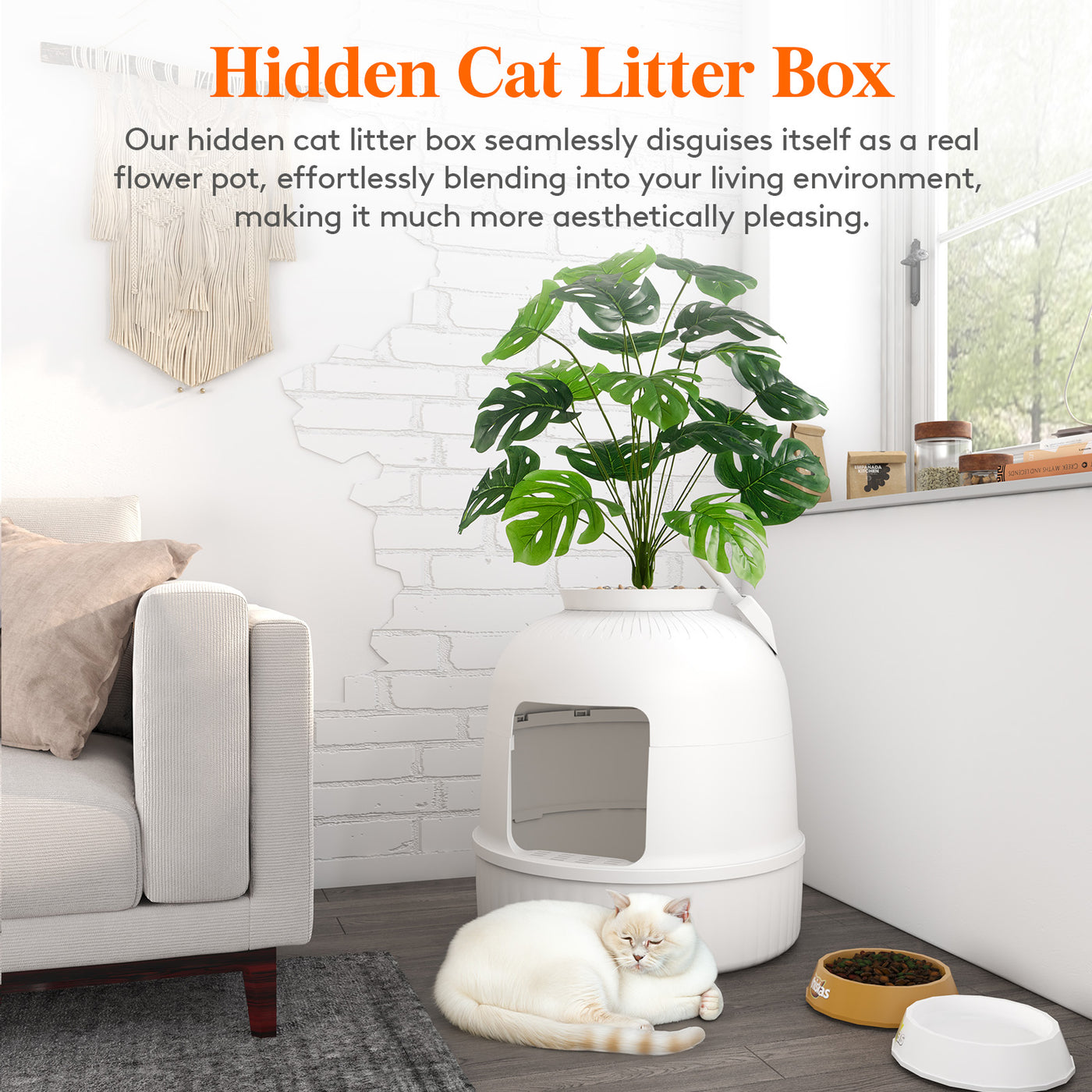 plant pot litter box White Hidden Litter Box with Faux Plants and Shovel
