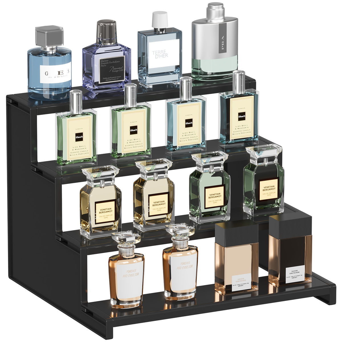 4-Tier Black Display Stand, Plastic Cologne Storage Fragrance Rack ...