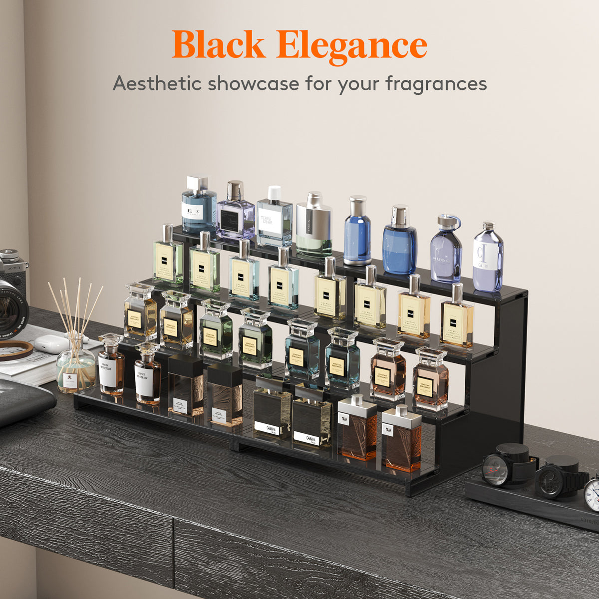 4-Tier Black Display Stand, Plastic Cologne Storage Fragrance Rack ...