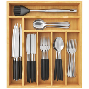 Lifewit Silverware Drawer Organizer, Bamboo Utensil Tray for Kitchen, Expandable Flatware and Cutlery Holder, Adjustable Storage for Spoons Forks Knives, Large, Natural and Black