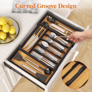 Lifewit Silverware Drawer Organizer, Bamboo Utensil Tray for Kitchen, Expandable Flatware and Cutlery Holder, Adjustable Storage for Spoons Forks Knives, Large, Natural and Black