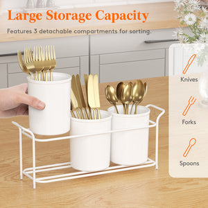 Porta Posate Silverware Caddy Con 3 Scomparti E Maniglie, Bianco, Per Cucina E Feste (33x15.6x3.8 Cm)