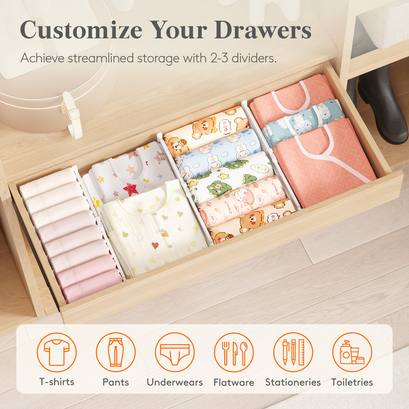 dresser drawer dividers Kdkad Drawer Organizer, Expandable Dresser Separators, Adjustable Drawer Dividers for Clothes, Kitchen Utensils, Bedroom, Bookcase, Lock in Place