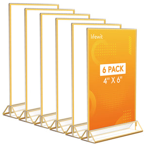 Lifewit 6 Pack Acrylic Sign Holder with Gold Borders, Plastic Menu Holders, Table Number Holders Picture Frames