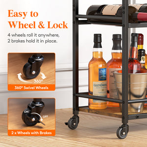 Lifewit 3 Tier Serving Home Bar with Lockable Wheels, Best Rustic Brown Wine Cart