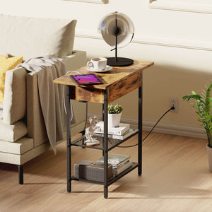 Lifewit Side End Table with Storage and Charging Station, Charging Nightstand, Black/Brown