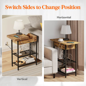 Lifewit Side End Table with Storage and Charging Station, Charging Nightstand, Black/Brown