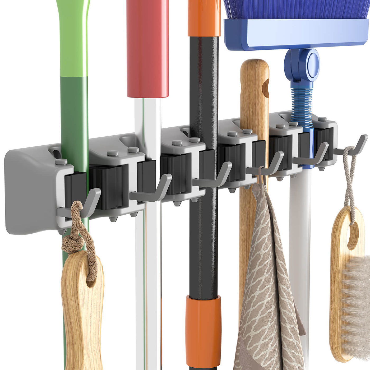 U.S. Solid Mop and Broom Holder, Wall Mounted, 4 Slots & 4 Hooks