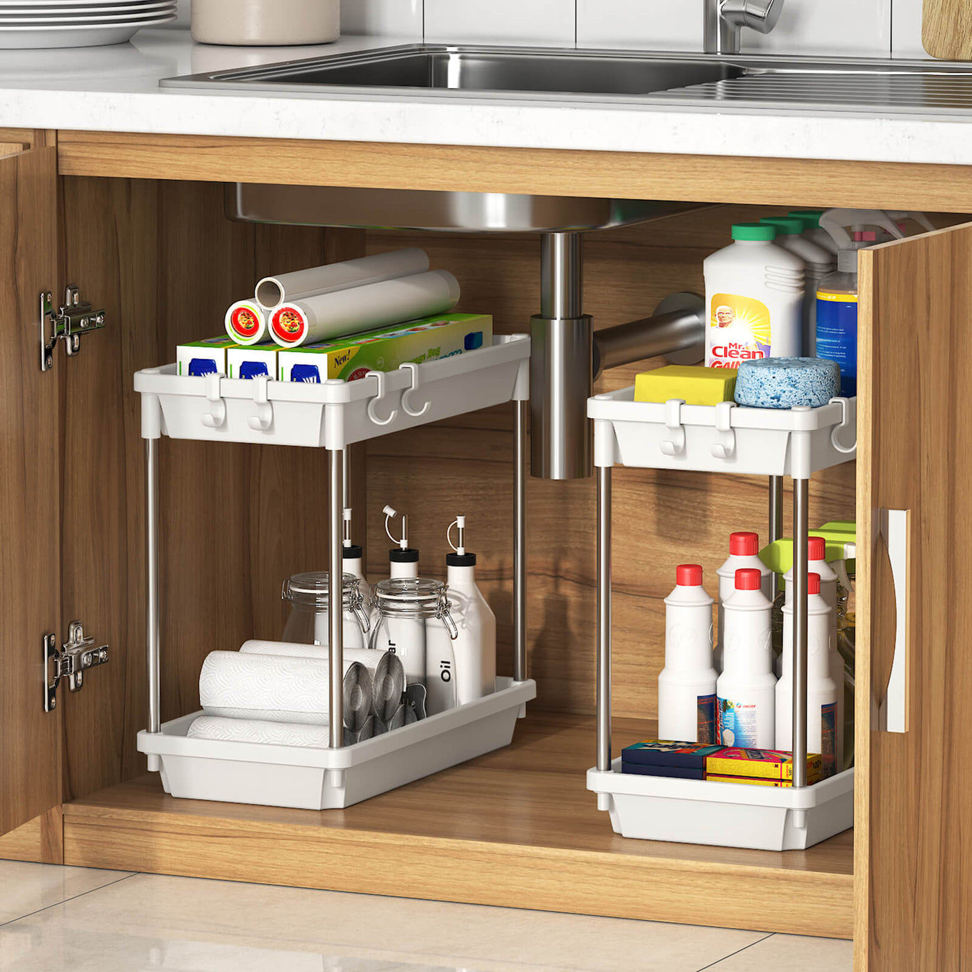 Under Sink Organizer, Pull Out Under Sink Storage, 2 Tier Under