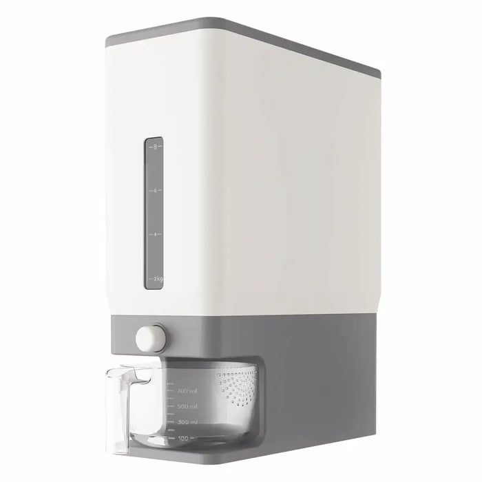 White and gray Lifewit rice dispenser with its measuring cup