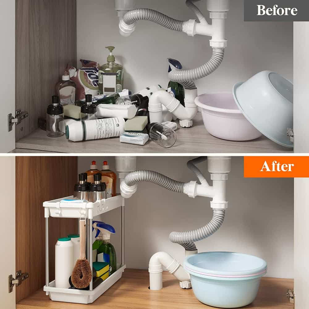 Under Sink Shelves Rack with Hooks for Bathroom & Kitchen